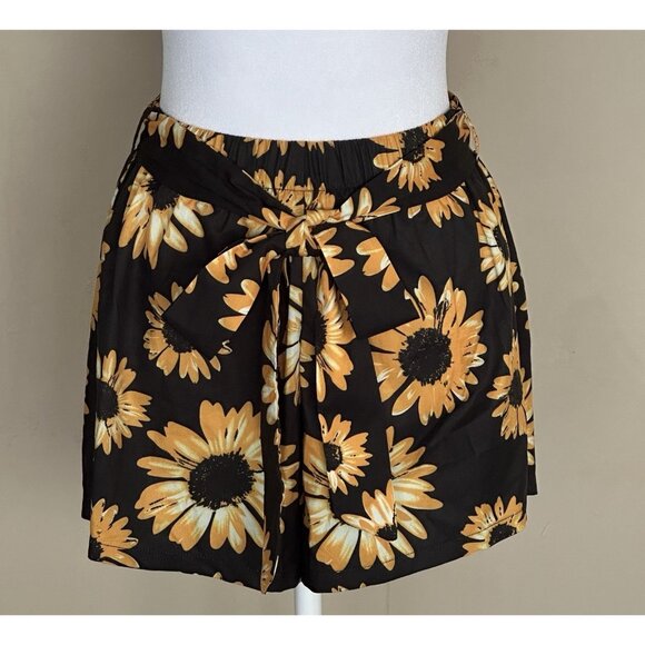SHEIN Pants - Shein Sunflower Shorts Black Gold Daisy Elastic Waist Belted Tie Front JR SZ XS